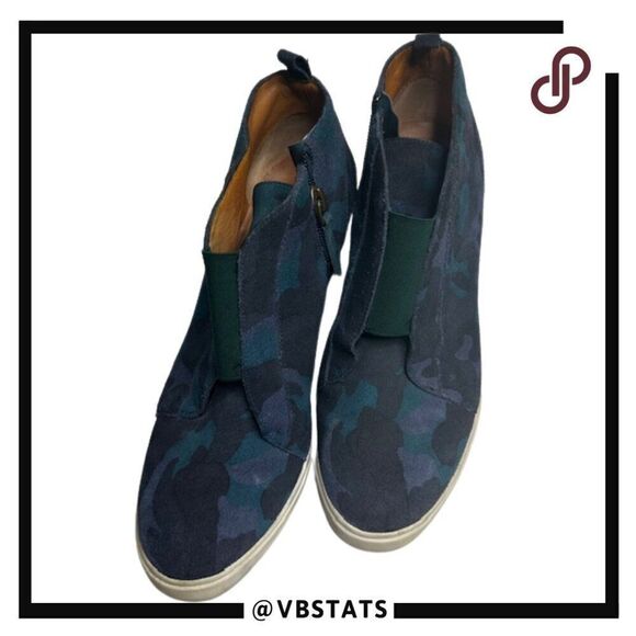 Linea Paola Wedge Shoes size 7.5 Blues and Black Camo Design - Picture 1 of 8